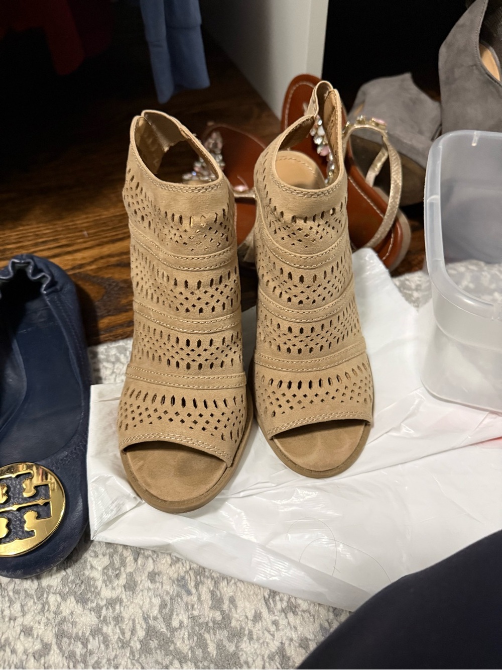 Women’s Tan Perforated Peep-Toe Booties - Stylish Summer Heels